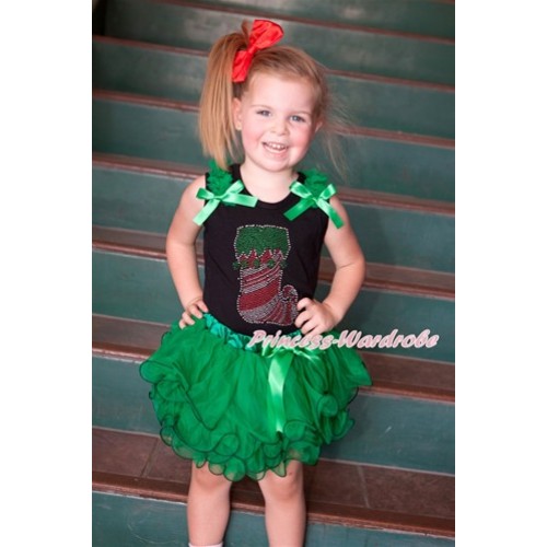Xmas Black Baby Pettitop with Sparkle Crystal Bling Christmas Stocking Print with Kelly Green Ruffles & Kelly Green Bow with Kelly Green Bow Kelly Green Petal Newborn Pettiskirt NG1272 